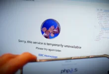 BBC error page displaying service unavailable and a cute mouse graphic on a computer screen.