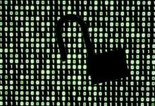 An open padlock silhouette against a glowing green binary code background.