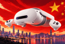 A white VR headset and controllers float above a Chinese city skyline against a red flag background.