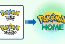 Diagram showing Pokémon FireRed and LeafGreen connecting to Pokémon HOME via a blue arrow