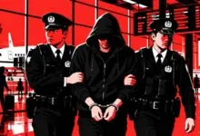 Two police officers escort a handcuffed suspect in a hoodie through a red-toned airport terminal.