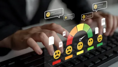 Close-up of hands typing on a keyboard with digital customer satisfaction meter and review icons floating above