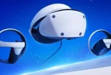 PlayStation VR2 headset and two white Sense controllers floating against a blue background
