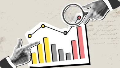 Vintage halftone collage showing hands analyzing a financial growth chart with a magnifying glass.