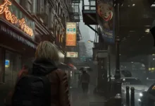 A blonde person with a backpack walks down a rainy city street lined with neon signs and shops.