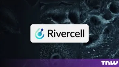The Rivercell logo centered over a dark, grid-like microscopic view of cellular structures.