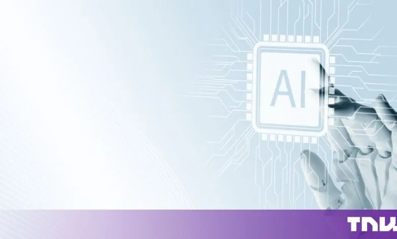 Robotic hand touching a glowing microchip graphic labeled AI against a light blue background.