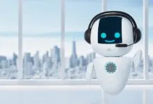 Friendly white robot wearing a headset with a glowing blue face, waving in front of a city skyline.