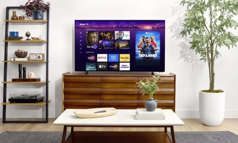 Modern living room featuring a Roku TV on a wooden console with streaming apps displayed.