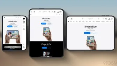 Three Apple devices showing Safari browser concepts for a foldable iPhone Duo.