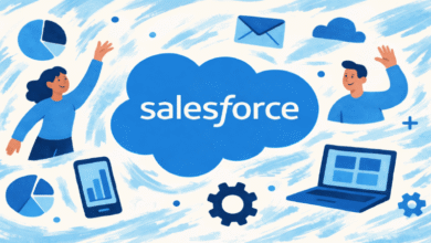 Illustrated Salesforce cloud logo surrounded by people and technology icons in shades of blue.