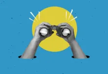 Black and white hands holding binoculars emerge from holes against a blue background with a yellow circle.