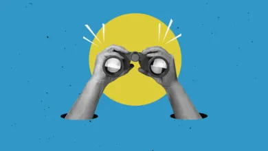 Black and white hands holding binoculars emerge from holes against a blue background with a yellow circle.