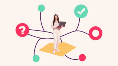 A smiling woman holding a laptop amid graphic icons and connecting lines on a cream background.