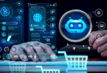 Person using computer with futuristic glowing holographic shopping and AI interfaces overlaying the screen.