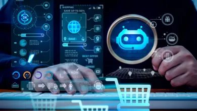 Person using computer with futuristic glowing holographic shopping and AI interfaces overlaying the screen.