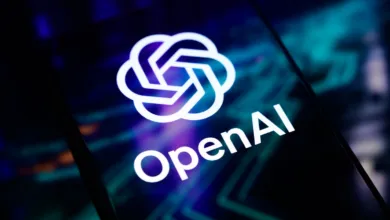 The glowing white OpenAI logo and text displayed on a smartphone screen against a dark background.