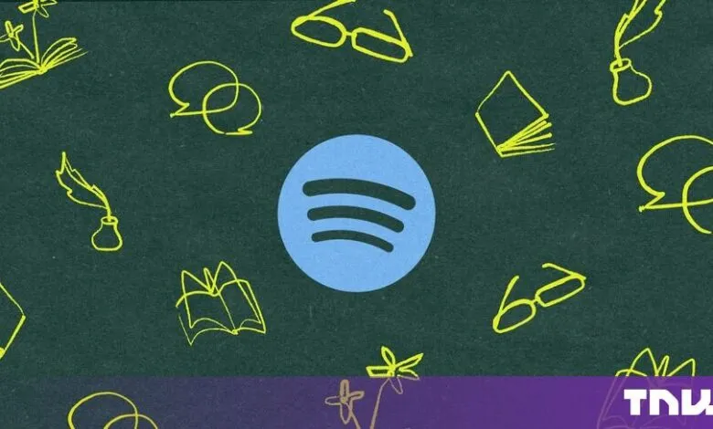 A blue Spotify logo centered on a dark green background with yellow line art of books, glasses, and pens.