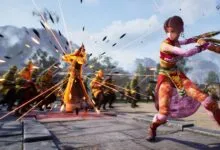 Action video game scene featuring a female warrior fighting soldiers in an ancient courtyard.