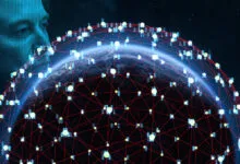 Elon Musk overlooking Earth surrounded by a glowing red and white satellite network matrix