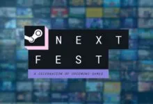 Steam Next Fest logo against a blurred blue background of video game tiles