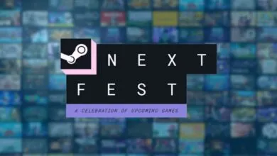 Steam Next Fest logo against a blurred blue background of video game tiles