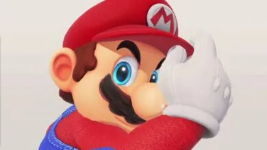 Close-up portrait of Super Mario adjusting his iconic red hat and looking directly ahead.