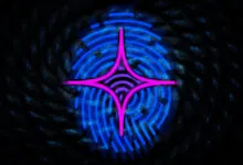 Glowing blue fingerprint graphic with a bright pink four-pointed star overlaid in the center.