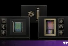 Three black rectangular processor panels featuring gold icons and complex microchip dies against a dark background.