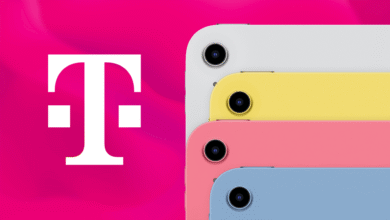 Four colorful iPads stacked diagonally next to a white T-Mobile logo on a vibrant magenta background.