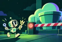 A cheerful cartoon robot holds a glowing key near a security gate under a starry night sky.