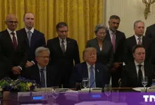 Donald Trump and tech leaders including Elon Musk, Mark Zuckerberg, and Jensen Huang gathered in a formal room