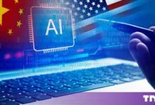 US and Chinese flags overlay a digital circuit board with an AI microchip and a hand holding a stylus