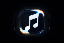 Glowing white musical note icon with chromatic aberration inside a dark square button