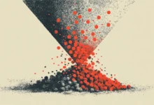 An inverted triangle drops red and black spheres onto a growing pile against a cream background.