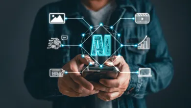 A person using a smartphone surrounded by glowing AI icons and a central circuit board AI symbol