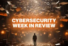 A person standing in a dimly lit library surrounded by floating papers and the text Cybersecurity Week in Review