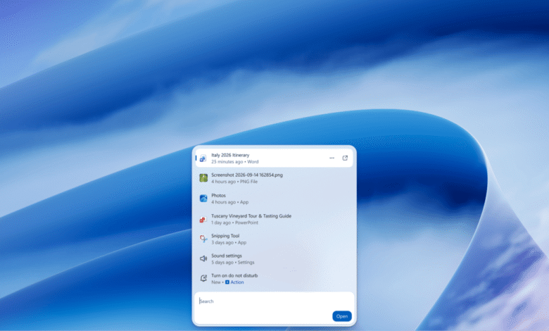 Windows 11 search menu open on a blue abstract background