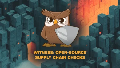 An illustrated brown owl holding a silver shield amidst a labyrinth of blue filing cabinets.