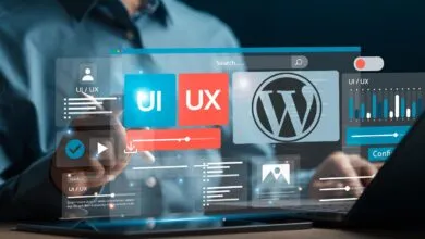 Developer interacting with floating UI and UX design elements alongside the WordPress logo