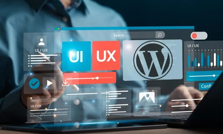 Developer interacting with floating UI and UX design elements alongside the WordPress logo