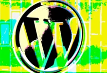 Vibrant abstract WordPress logo with neon yellow, green, and black glitch art effects.