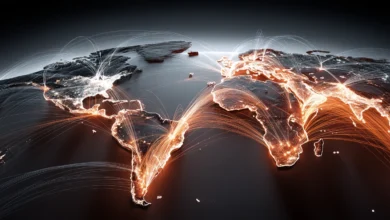 Global connectivity map showing glowing light trails and communication links across continents.
