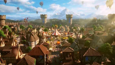 Aerial view of a bustling medieval fantasy town with castle walls, floating islands, and a number 4 in the sky