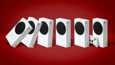 Five Xbox Series S consoles arranged like falling dominoes on a red background with a controller.