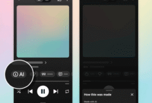 YouTube Music app interface displaying new AI-generated audio labels and explanation popup.