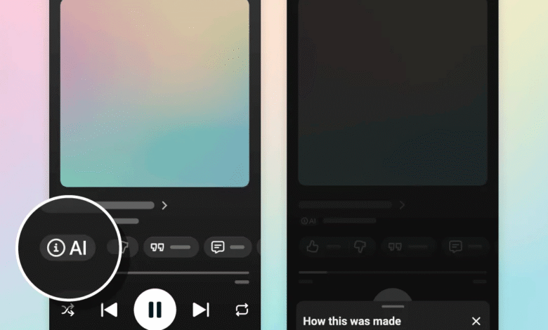 YouTube Music app interface displaying new AI-generated audio labels and explanation popup.